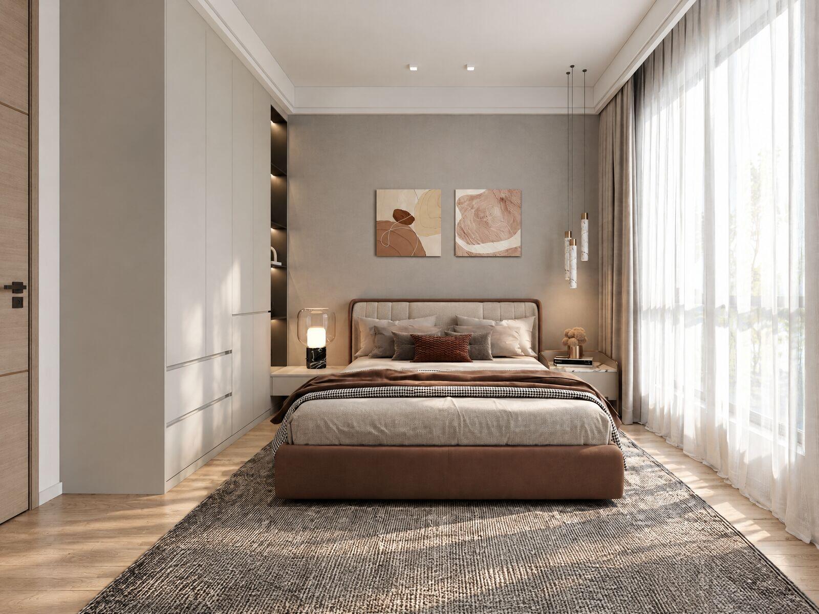Bedroom with full-height curtains
