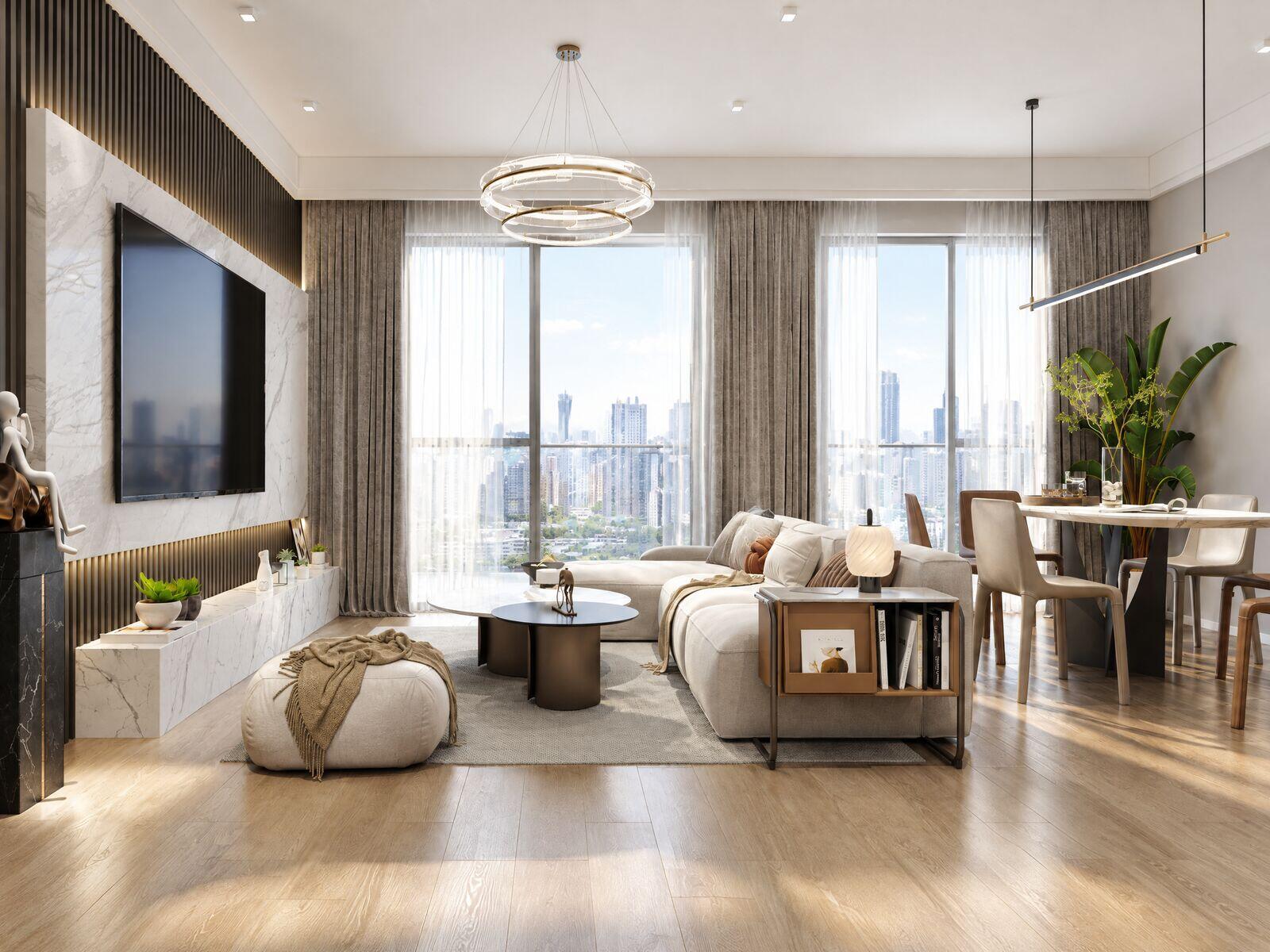 Open living and dining room with city view