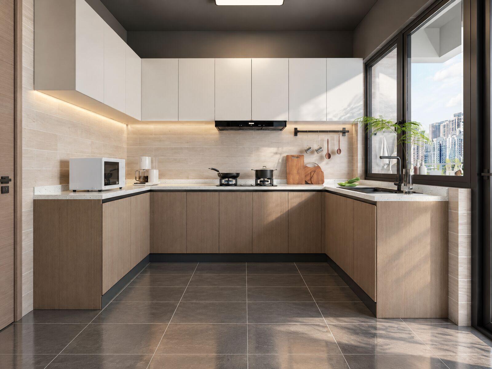 U-shaped kitchen with warm under-cabinet lighting