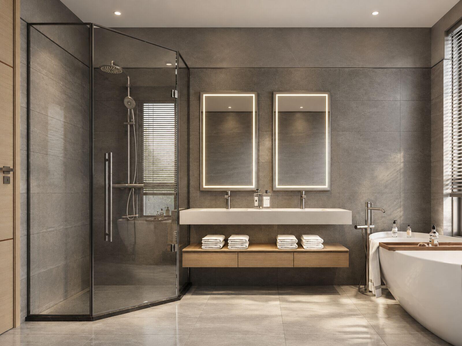 Master bathroom with double vanity and freestanding tub