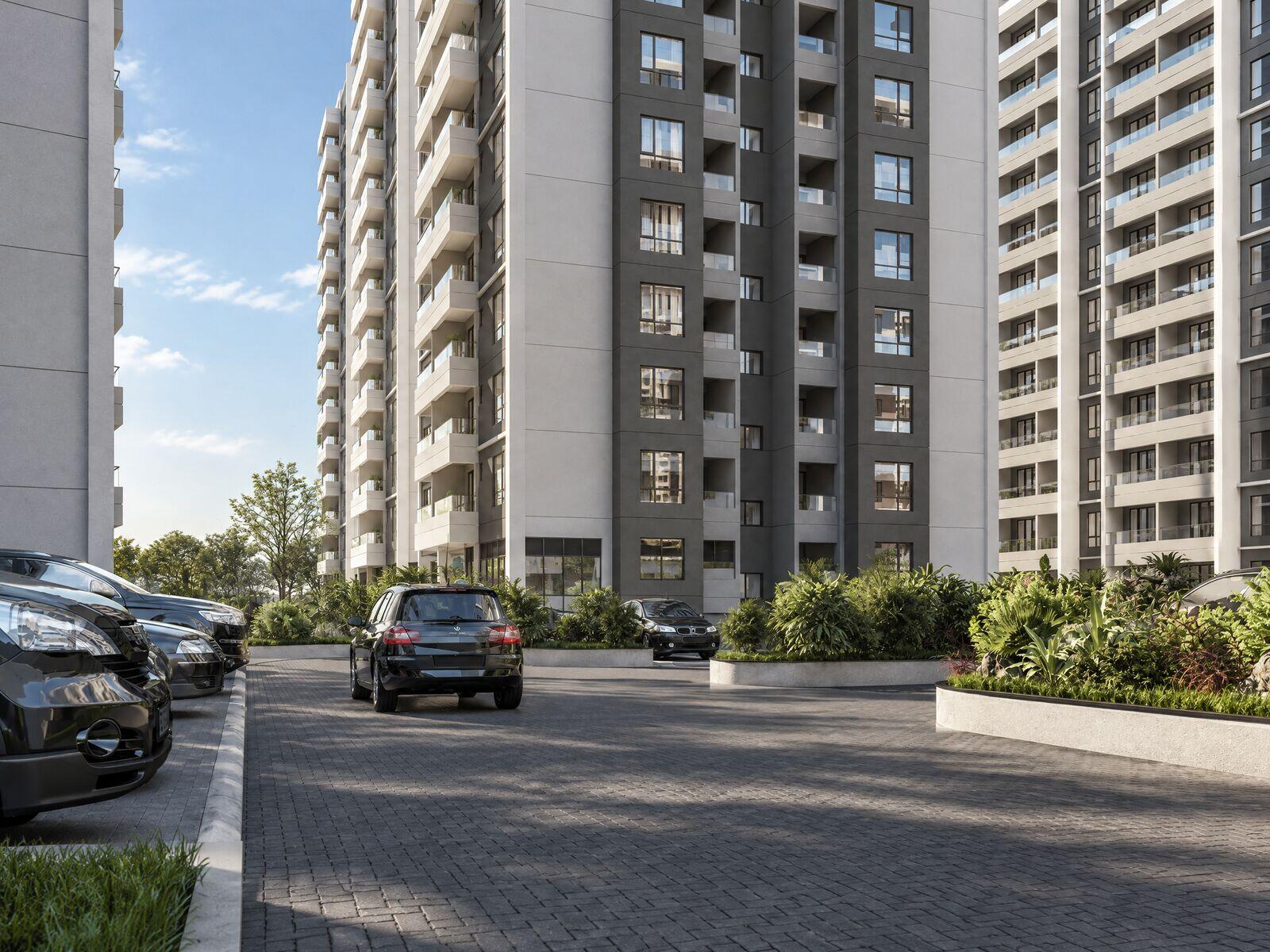 Arrival drive and parking between the towers