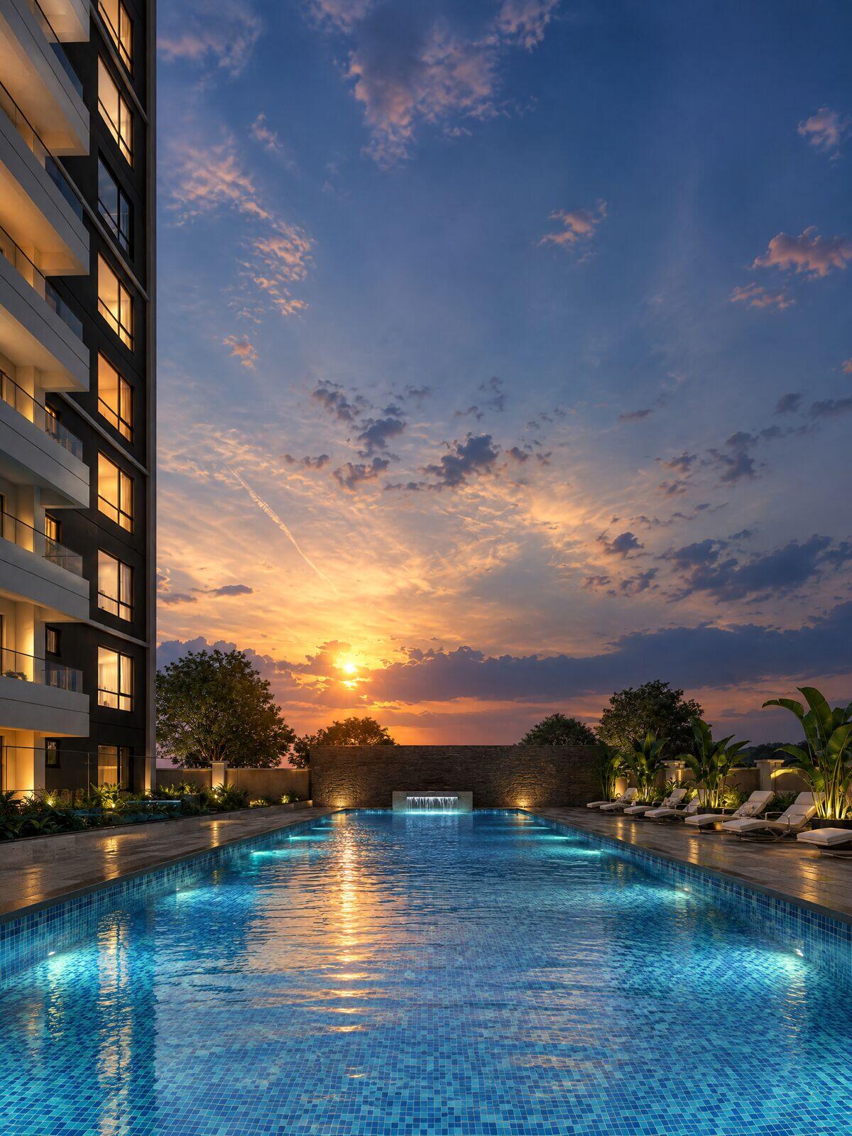 Swimming pool at sunset