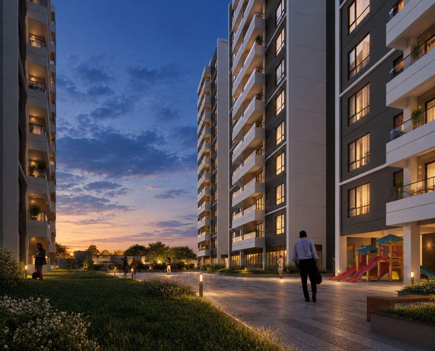 Courtyard lit at blue hour